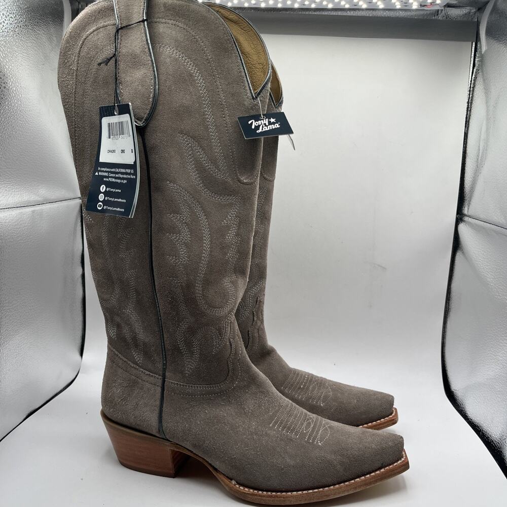 Tony Lama Ash Gray Suede Leather Western Boots women's Sz 9 B Narrow square toe